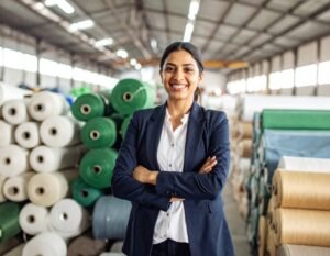 Indian woman entrepreneur in textile factory with sustainable fabric rolls