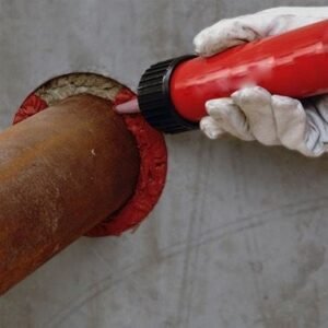 Passive fire protection panel installation around pipe penetration using firestop sealant in commercial building in India