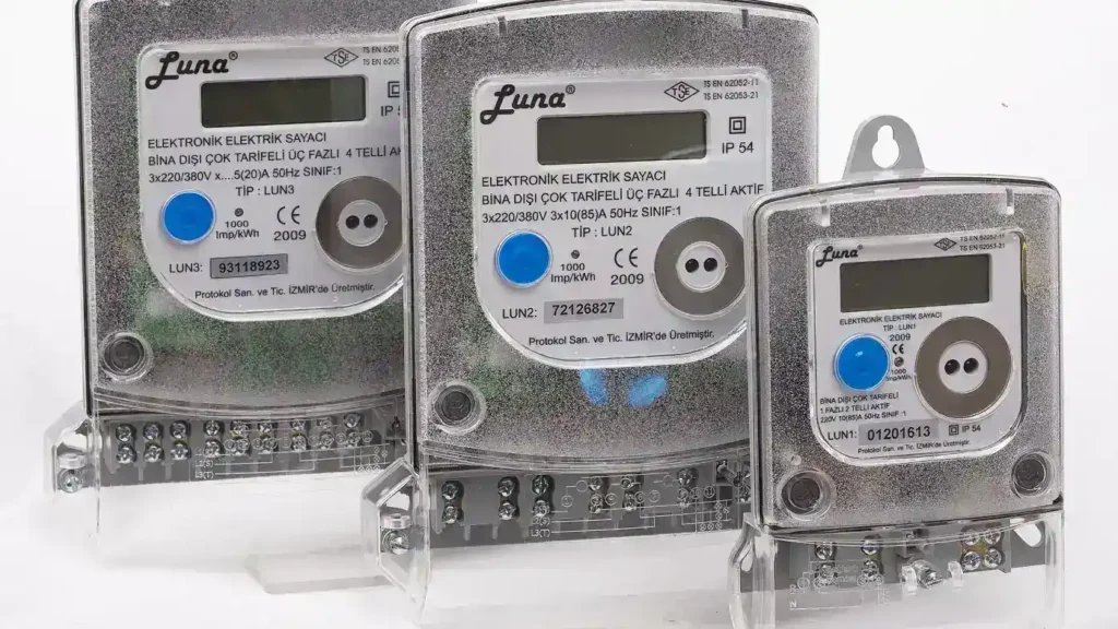 A bank of electronic electricity meters of the kind used for prepayment