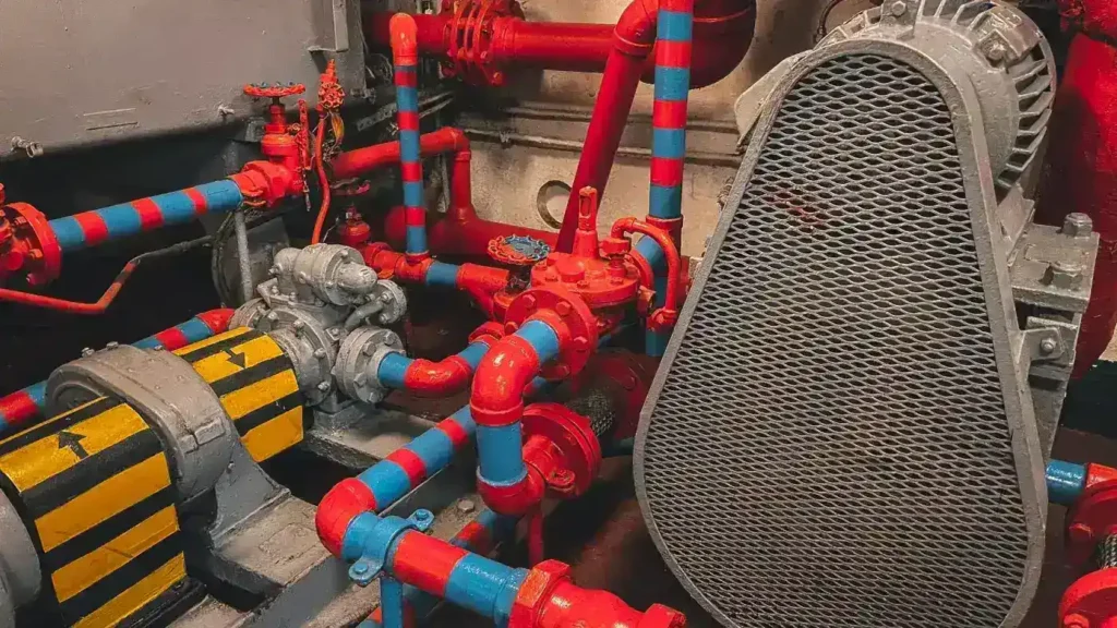 Service pipes running through a building, the penetrations a fire collar seals