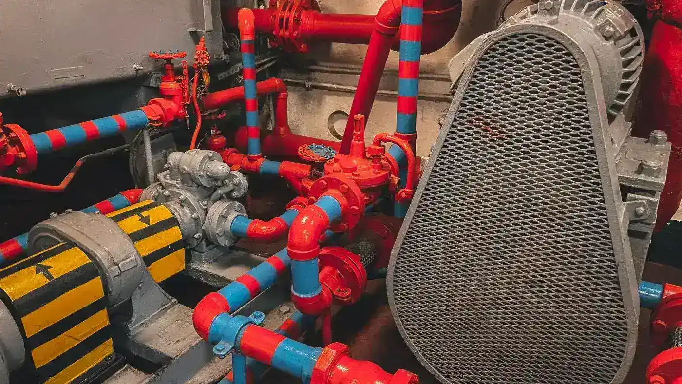 Service pipes running through a building, the penetrations a fire collar seals